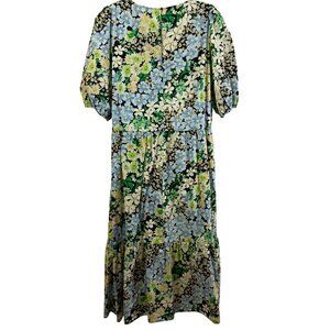 H&M Black Blue Green Yellow Floral Short Sleeve Cotton Midi Dress Size Large